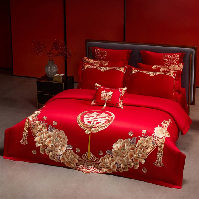 91家纺网 家纺一手货源 找家纺 红番天家居馆 （控价）2025新款纯棉新中式刺绣婚庆四件套（每款供货价的基础上一切活动券后+100） 繁花筑梦-金