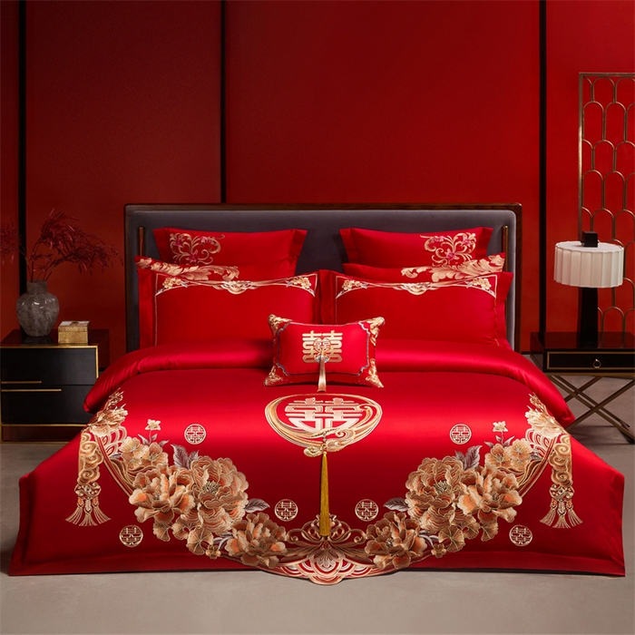 91家纺网 家纺一手货源 找家纺 红番天家居馆 （控价）2025新款纯棉新中式刺绣婚庆四件套（每款供货价的基础上一切活动券后+100） 繁花筑梦-金