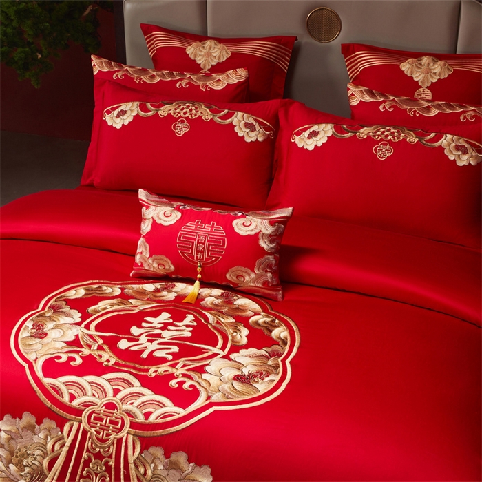 91家纺网 家纺一手货源 找家纺 红番天家居馆 （控价）2025新款纯棉新中式刺绣婚庆四件套（每款供货价的基础上一切活动券后+100） 绮梦花境-金