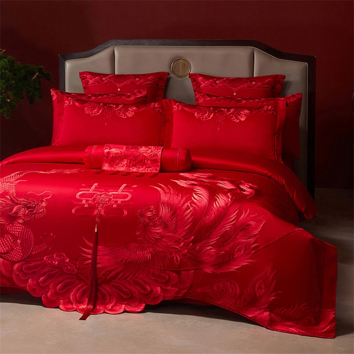 91家纺网 家纺一手货源 找家纺 红番天家居馆 （控价）2025新款纯棉新中式刺绣婚庆四件套（每款供货价的基础上一切活动券后+100） 龙凤和喜-红