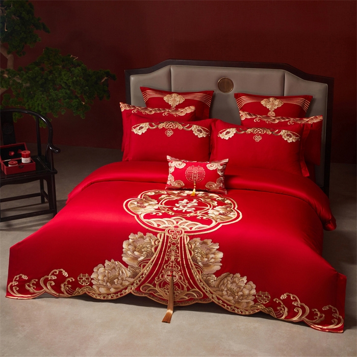 91家纺网 家纺一手货源 找家纺 红番天家居馆 （控价）2025新款纯棉新中式刺绣婚庆四件套（每款供货价的基础上一切活动券后+100） 绮梦花境-金