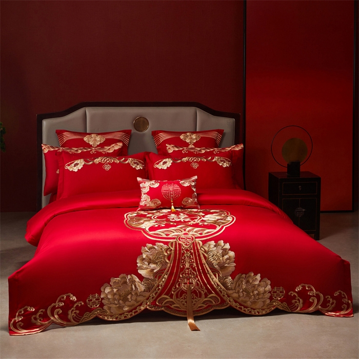 91家纺网 家纺一手货源 找家纺 红番天家居馆 （控价）2025新款纯棉新中式刺绣婚庆四件套（每款供货价的基础上一切活动券后+100） 绮梦花境-金