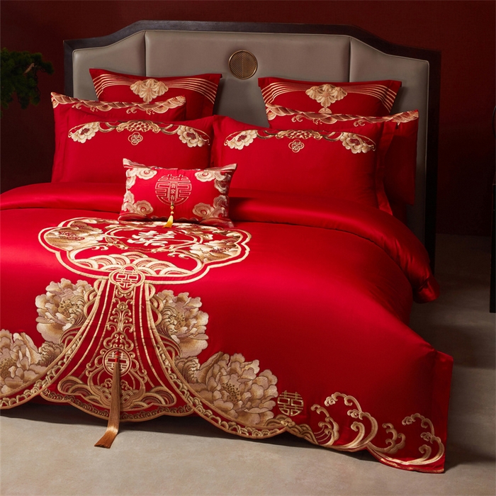 91家纺网 家纺一手货源 找家纺 红番天家居馆 （控价）2025新款纯棉新中式刺绣婚庆四件套（每款供货价的基础上一切活动券后+100） 绮梦花境-金