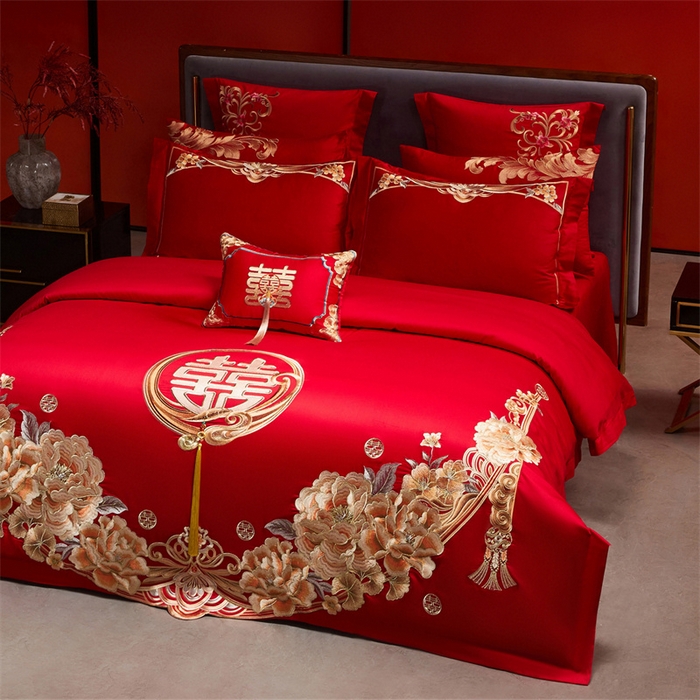 91家纺网 家纺一手货源 找家纺 红番天家居馆 （控价）2025新款纯棉新中式刺绣婚庆四件套（每款供货价的基础上一切活动券后+100） 繁花筑梦-金