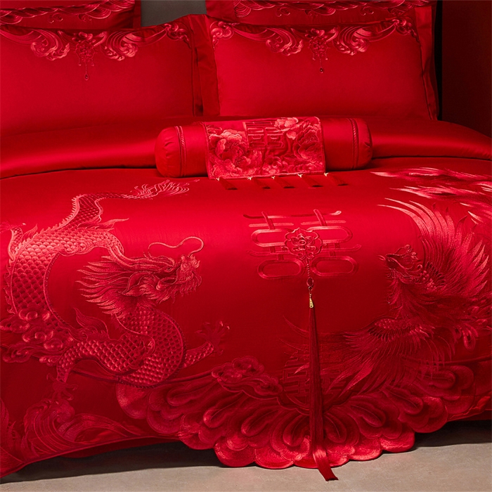 91家纺网 家纺一手货源 找家纺 红番天家居馆 （控价）2025新款纯棉新中式刺绣婚庆四件套（每款供货价的基础上一切活动券后+100） 龙凤和喜-红