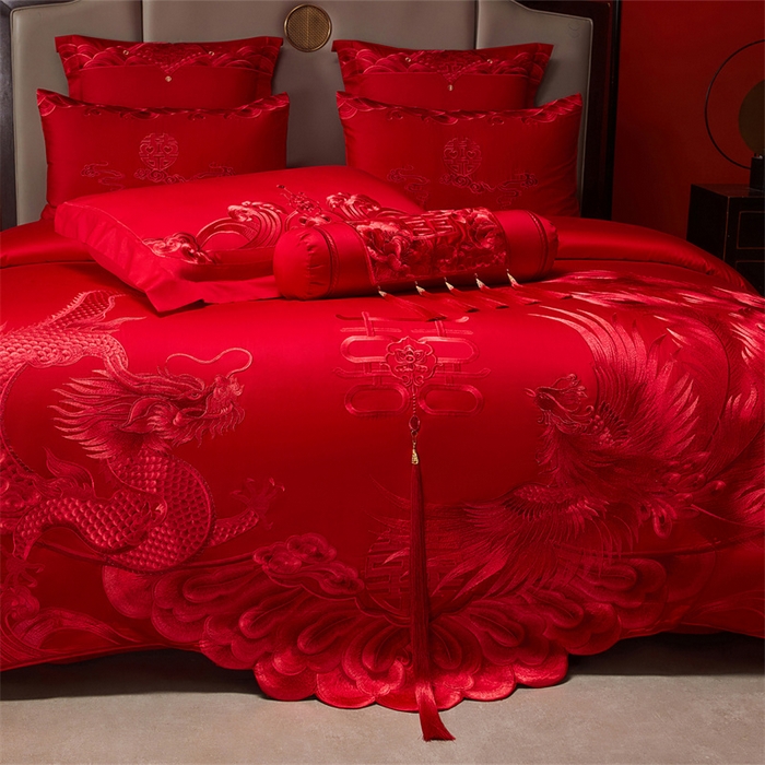 91家纺网 家纺一手货源 找家纺 红番天家居馆 （控价）2025新款纯棉新中式刺绣婚庆四件套（每款供货价的基础上一切活动券后+100） 龙凤和喜-红