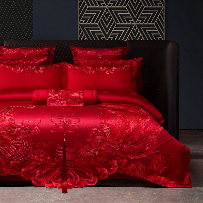 91家纺网 家纺一手货源 找家纺 红番天家居馆 （控价）2025新款纯棉新中式刺绣婚庆四件套（每款供货价的基础上一切活动券后+100） 龙凤和喜-红