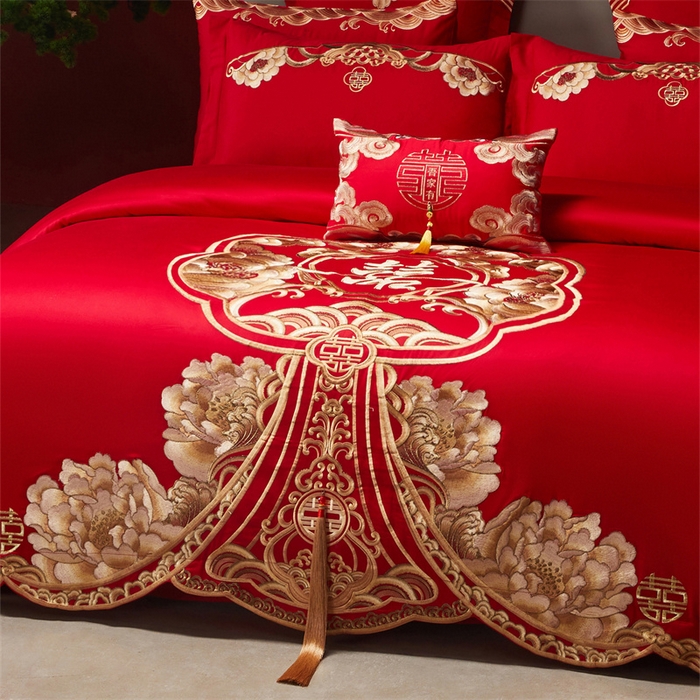 91家纺网 家纺一手货源 找家纺 红番天家居馆 （控价）2025新款纯棉新中式刺绣婚庆四件套（每款供货价的基础上一切活动券后+100） 绮梦花境-金