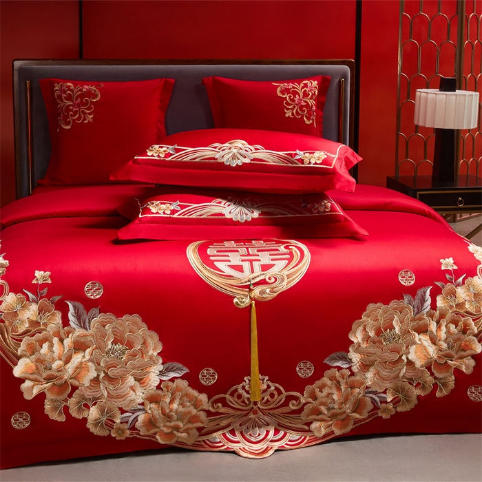 91家纺网 家纺一手货源 找家纺 红番天家居馆 （控价）2025新款纯棉新中式刺绣婚庆四件套（每款供货价的基础上一切活动券后+100） 繁花筑梦-金