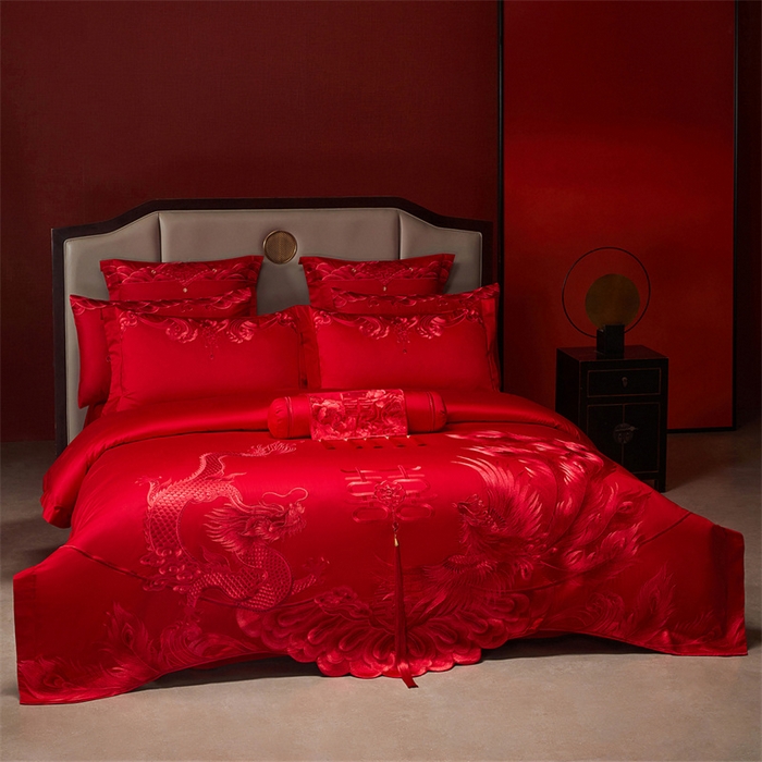 91家纺网 家纺一手货源 找家纺 红番天家居馆 （控价）2025新款纯棉新中式刺绣婚庆四件套（每款供货价的基础上一切活动券后+100） 龙凤和喜-红