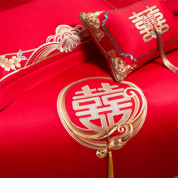 91家纺网 家纺一手货源 找家纺 红番天家居馆 （控价）2025新款纯棉新中式刺绣婚庆四件套（每款供货价的基础上一切活动券后+100） 繁花筑梦-金