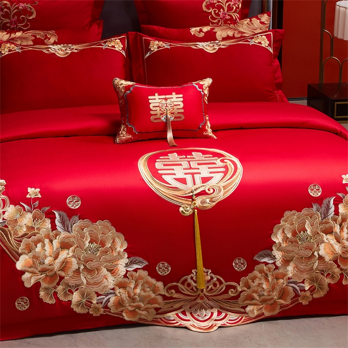 91家纺网 家纺一手货源 找家纺 红番天家居馆 （控价）2025新款纯棉新中式刺绣婚庆四件套（每款供货价的基础上一切活动券后+100） 繁花筑梦-金