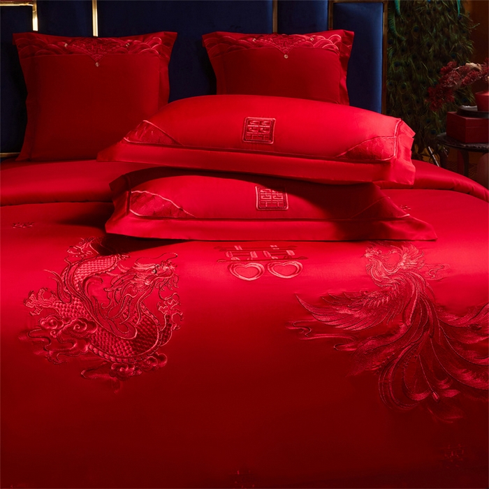 91家纺网 家纺一手货源 找家纺 红番天家居馆 （控价）2025新款纯棉新中式刺绣婚庆四件套（每款供货价的基础上一切活动券后+100） 心有灵犀-红