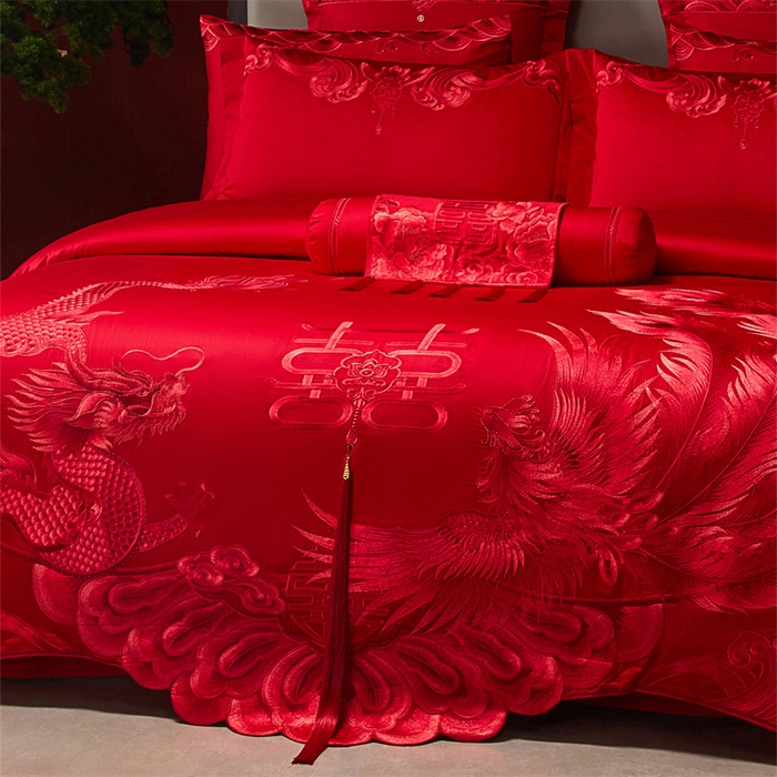 91家纺网 家纺一手货源 找家纺 红番天家居馆 （控价）2025新款纯棉新中式刺绣婚庆四件套（每款供货价的基础上一切活动券后+100） 龙凤和喜-红