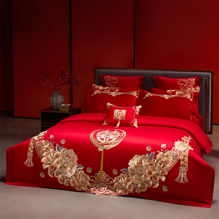 91家纺网 家纺一手货源 找家纺 红番天家居馆 （控价）2025新款纯棉新中式刺绣婚庆四件套（每款供货价的基础上一切活动券后+100） 繁花筑梦-金