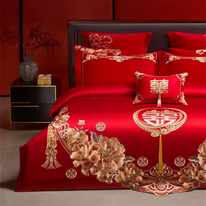 91家纺网 家纺一手货源 找家纺 红番天家居馆 （控价）2025新款纯棉新中式刺绣婚庆四件套（每款供货价的基础上一切活动券后+100） 繁花筑梦-金