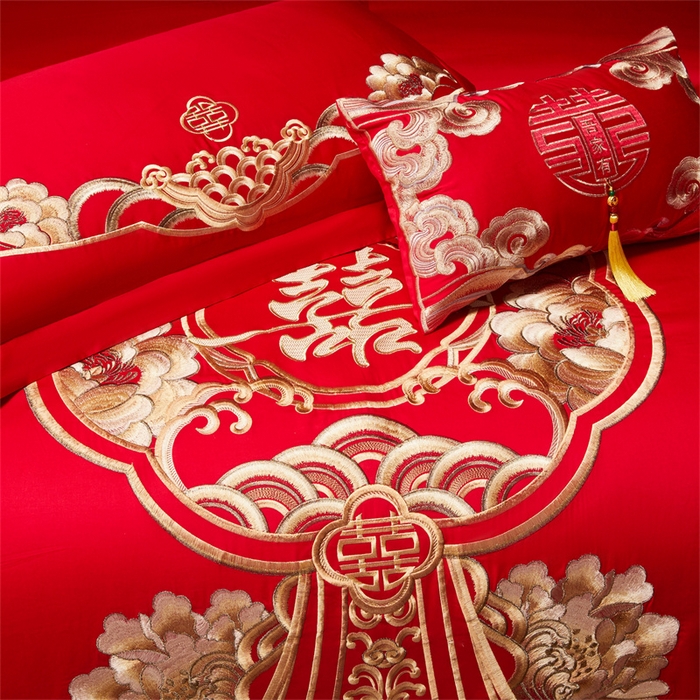 91家纺网 家纺一手货源 找家纺 红番天家居馆 （控价）2025新款纯棉新中式刺绣婚庆四件套（每款供货价的基础上一切活动券后+100） 绮梦花境-金