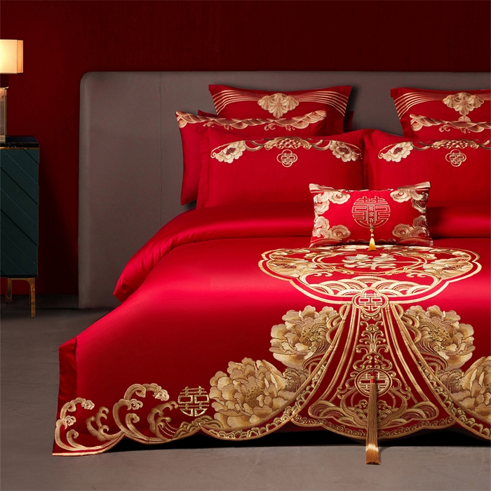 91家纺网 家纺一手货源 找家纺 红番天家居馆 （控价）2025新款纯棉新中式刺绣婚庆四件套（每款供货价的基础上一切活动券后+100） 绮梦花境-金