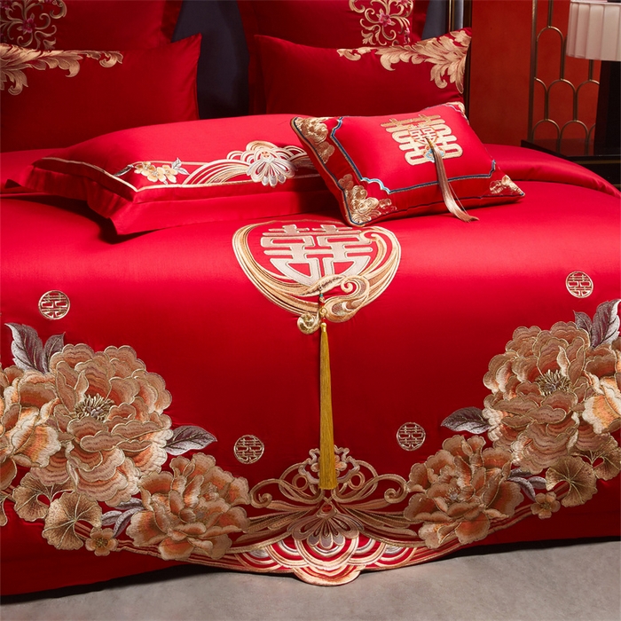 91家纺网 家纺一手货源 找家纺 红番天家居馆 （控价）2025新款纯棉新中式刺绣婚庆四件套（每款供货价的基础上一切活动券后+100） 繁花筑梦-金