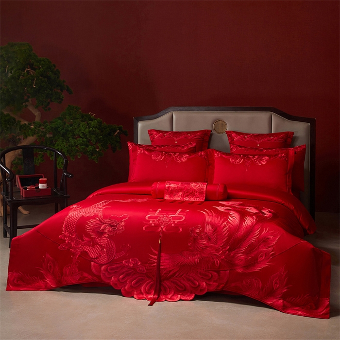 91家纺网 家纺一手货源 找家纺 红番天家居馆 （控价）2025新款纯棉新中式刺绣婚庆四件套（每款供货价的基础上一切活动券后+100） 龙凤和喜-红