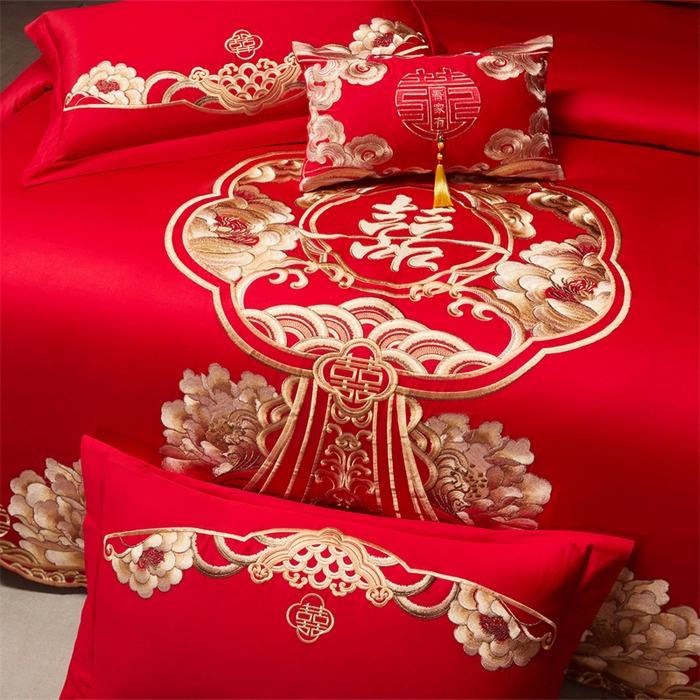 91家纺网 家纺一手货源 找家纺 红番天家居馆 （控价）2025新款纯棉新中式刺绣婚庆四件套（每款供货价的基础上一切活动券后+100） 绮梦花境-金