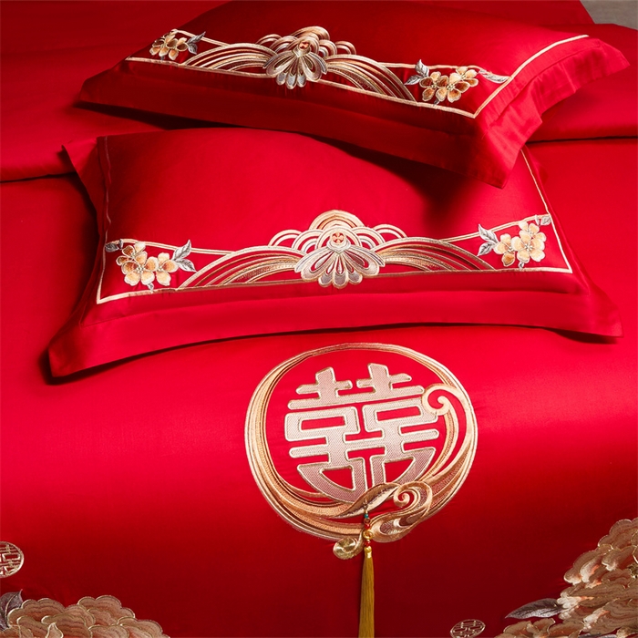 91家纺网 家纺一手货源 找家纺 红番天家居馆 （控价）2025新款纯棉新中式刺绣婚庆四件套（每款供货价的基础上一切活动券后+100） 繁花筑梦-金