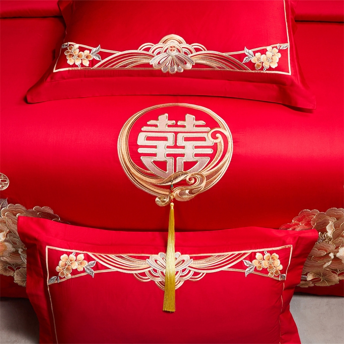 91家纺网 家纺一手货源 找家纺 红番天家居馆 （控价）2025新款纯棉新中式刺绣婚庆四件套（每款供货价的基础上一切活动券后+100） 繁花筑梦-金