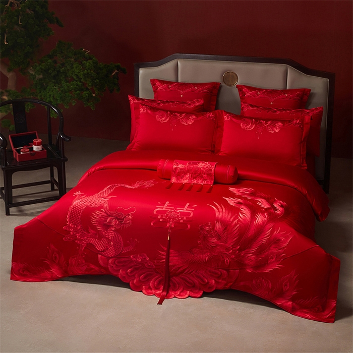 91家纺网 家纺一手货源 找家纺 红番天家居馆 （控价）2025新款纯棉新中式刺绣婚庆四件套（每款供货价的基础上一切活动券后+100） 龙凤和喜-红