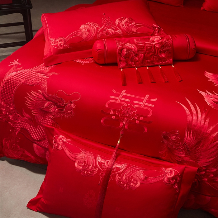 91家纺网 家纺一手货源 找家纺 红番天家居馆 （控价）2025新款纯棉新中式刺绣婚庆四件套（每款供货价的基础上一切活动券后+100） 龙凤和喜-红