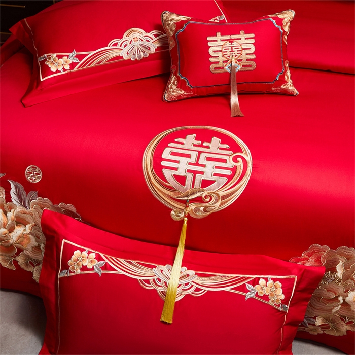 91家纺网 家纺一手货源 找家纺 红番天家居馆 （控价）2025新款纯棉新中式刺绣婚庆四件套（每款供货价的基础上一切活动券后+100） 繁花筑梦-金