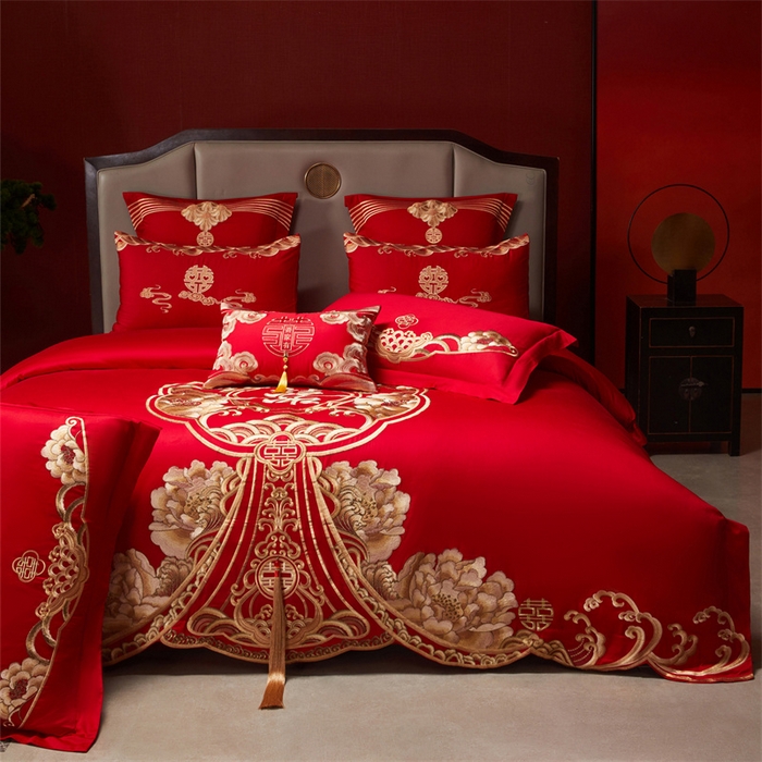 91家纺网 家纺一手货源 找家纺 红番天家居馆 （控价）2025新款纯棉新中式刺绣婚庆四件套（每款供货价的基础上一切活动券后+100） 绮梦花境-金