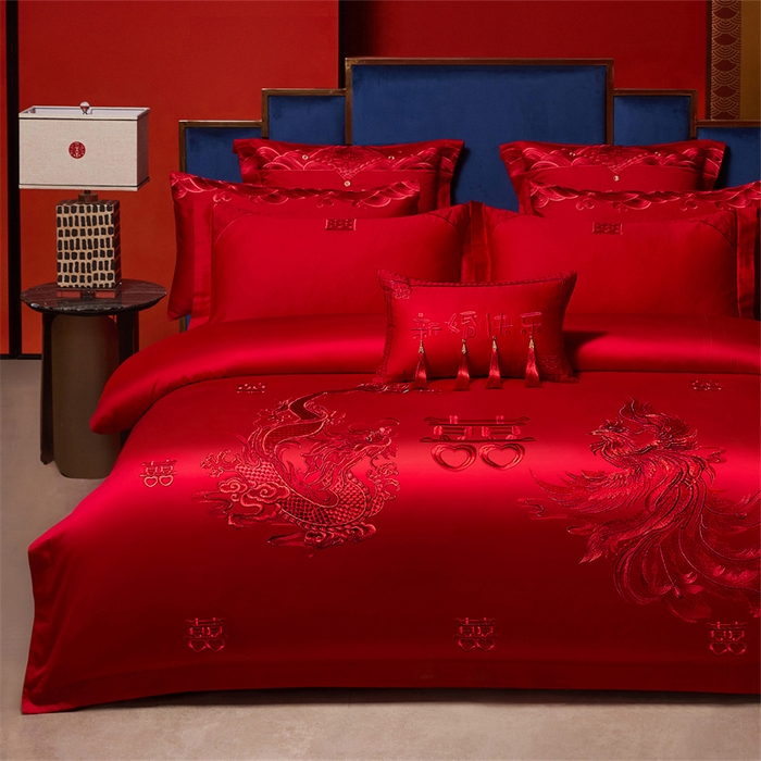 91家纺网 家纺一手货源 找家纺 红番天家居馆 （控价）2025新款纯棉新中式刺绣婚庆四件套（每款供货价的基础上一切活动券后+100） 心有灵犀-红