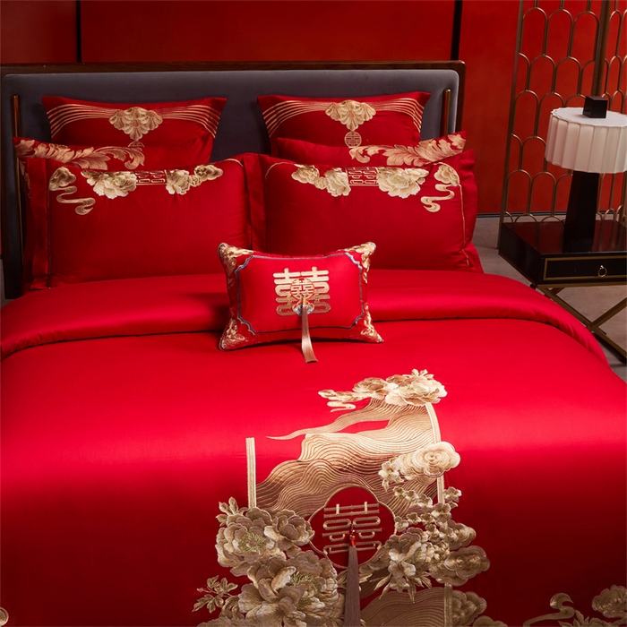 91家纺网 家纺一手货源 找家纺 红番天家居馆 （控价）2025新款纯棉新中式刺绣婚庆四件套（每款供货价的基础上一切活动券后+100） 花前月下-金