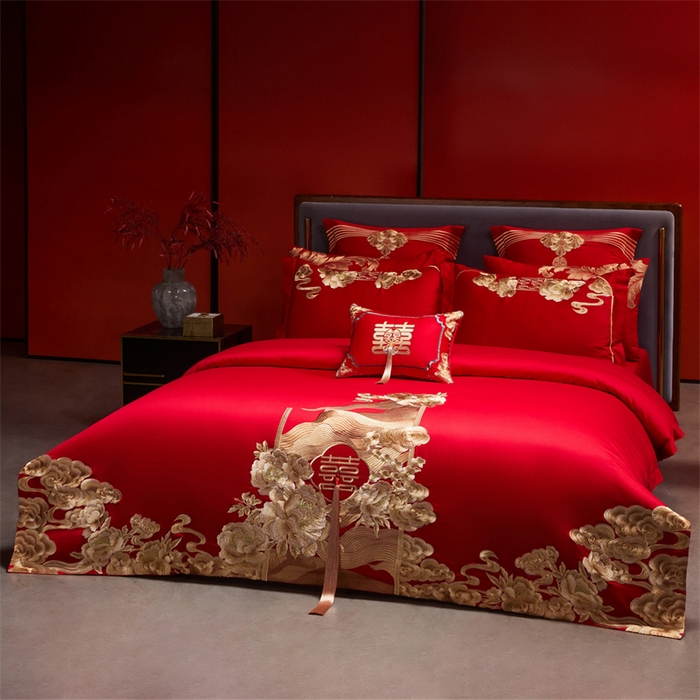 91家纺网 家纺一手货源 找家纺 红番天家居馆 （控价）2025新款纯棉新中式刺绣婚庆四件套（每款供货价的基础上一切活动券后+100） 花前月下-金