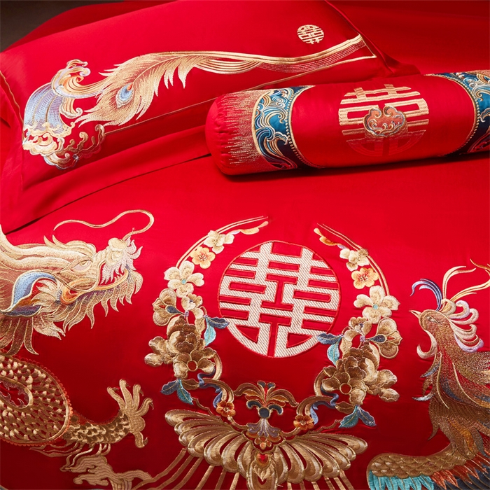 91家纺网 家纺一手货源 找家纺 红番天家居馆 （控价）2025新款纯棉新中式刺绣婚庆四件套（每款供货价的基础上一切活动券后+100） 凤仪龙章-金