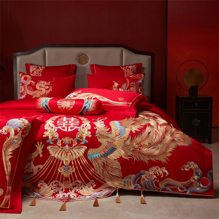 91家纺网 家纺一手货源 找家纺 红番天家居馆 （控价）2025新款纯棉新中式刺绣婚庆四件套（每款供货价的基础上一切活动券后+100） 凤仪龙章-金