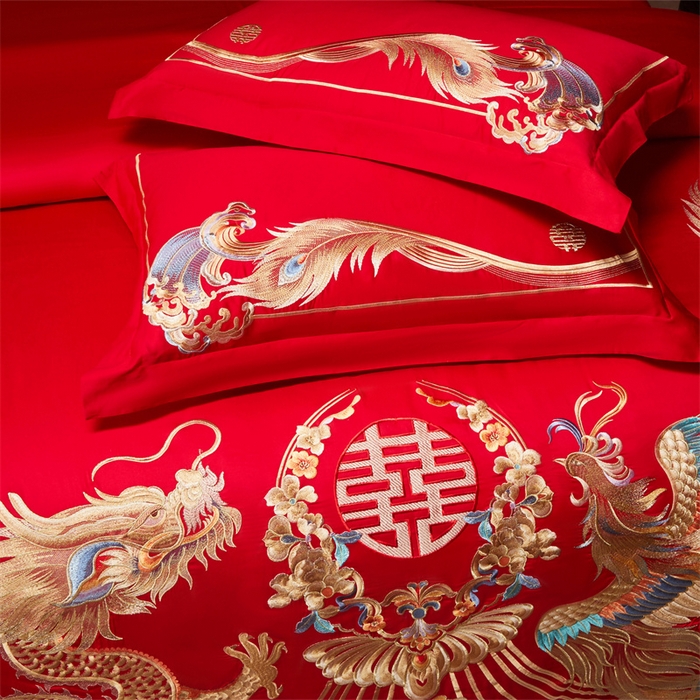 91家纺网 家纺一手货源 找家纺 红番天家居馆 （控价）2025新款纯棉新中式刺绣婚庆四件套（每款供货价的基础上一切活动券后+100） 凤仪龙章-金