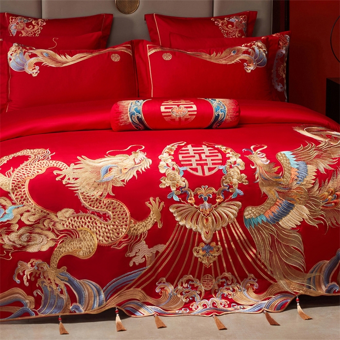 91家纺网 家纺一手货源 找家纺 红番天家居馆 （控价）2025新款纯棉新中式刺绣婚庆四件套（每款供货价的基础上一切活动券后+100） 凤仪龙章-金