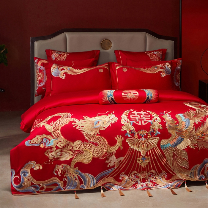 91家纺网 家纺一手货源 找家纺 红番天家居馆 （控价）2025新款纯棉新中式刺绣婚庆四件套（每款供货价的基础上一切活动券后+100） 凤仪龙章-金