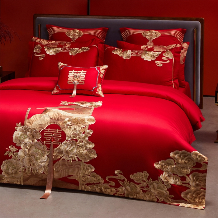 91家纺网 家纺一手货源 找家纺 红番天家居馆 （控价）2025新款纯棉新中式刺绣婚庆四件套（每款供货价的基础上一切活动券后+100） 花前月下-金