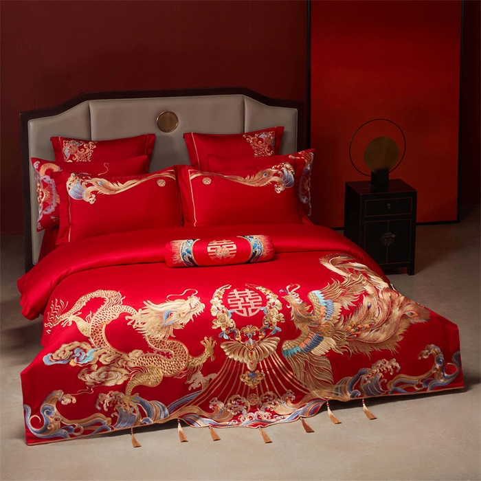 91家纺网 家纺一手货源 找家纺 红番天家居馆 （控价）2025新款纯棉新中式刺绣婚庆四件套（每款供货价的基础上一切活动券后+100） 凤仪龙章-金