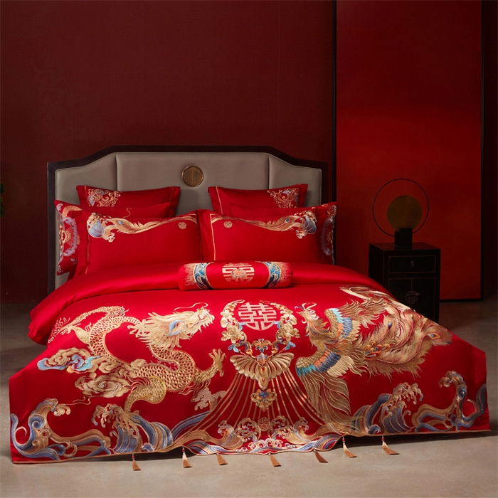 91家纺网 家纺一手货源 找家纺 红番天家居馆 （控价）2025新款纯棉新中式刺绣婚庆四件套（每款供货价的基础上一切活动券后+100） 凤仪龙章-金