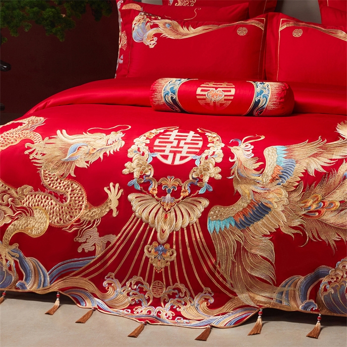 91家纺网 家纺一手货源 找家纺 红番天家居馆 （控价）2025新款纯棉新中式刺绣婚庆四件套（每款供货价的基础上一切活动券后+100） 凤仪龙章-金