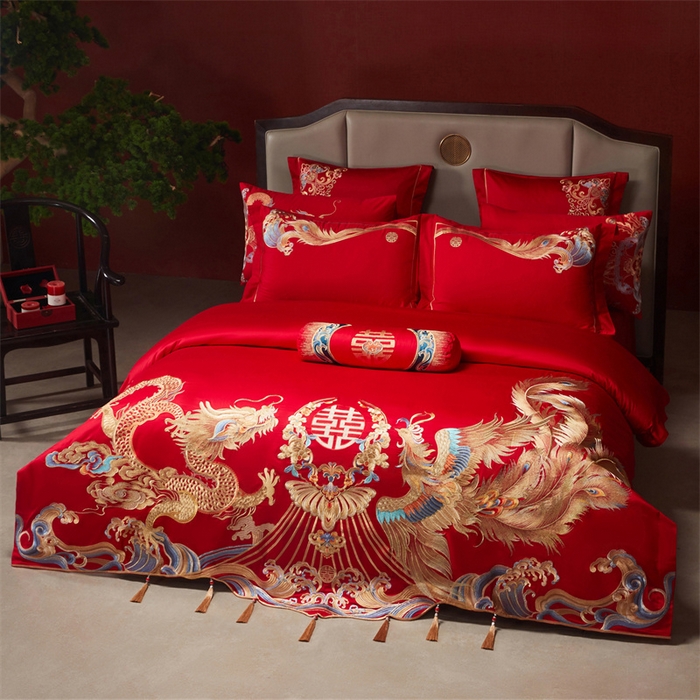 91家纺网 家纺一手货源 找家纺 红番天家居馆 （控价）2025新款纯棉新中式刺绣婚庆四件套（每款供货价的基础上一切活动券后+100） 凤仪龙章-金