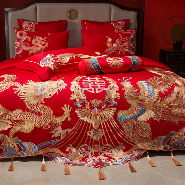 91家纺网 家纺一手货源 找家纺 红番天家居馆 （控价）2025新款纯棉新中式刺绣婚庆四件套（每款供货价的基础上一切活动券后+100） 凤仪龙章-金