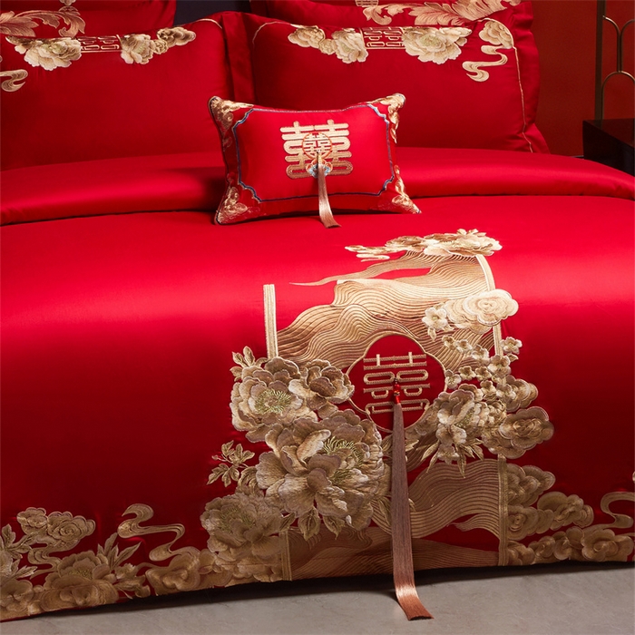 91家纺网 家纺一手货源 找家纺 红番天家居馆 （控价）2025新款纯棉新中式刺绣婚庆四件套（每款供货价的基础上一切活动券后+100） 花前月下-金