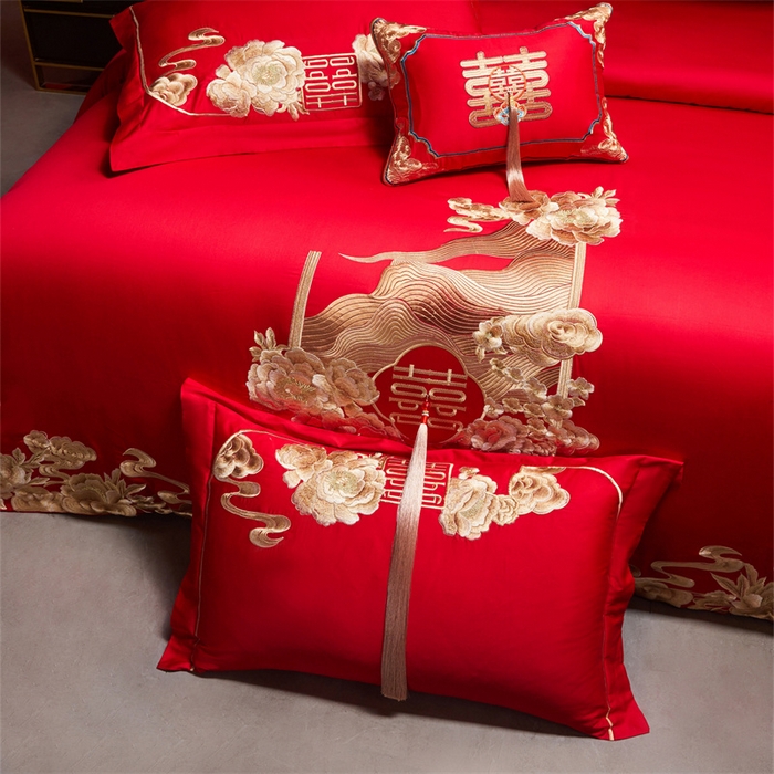 91家纺网 家纺一手货源 找家纺 红番天家居馆 （控价）2025新款纯棉新中式刺绣婚庆四件套（每款供货价的基础上一切活动券后+100） 花前月下-金