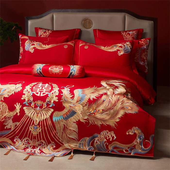 91家纺网 家纺一手货源 找家纺 红番天家居馆 （控价）2025新款纯棉新中式刺绣婚庆四件套（每款供货价的基础上一切活动券后+100） 凤仪龙章-金