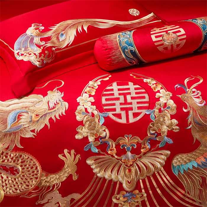 91家纺网 家纺一手货源 找家纺 红番天家居馆 （控价）2025新款纯棉新中式刺绣婚庆四件套（每款供货价的基础上一切活动券后+100） 凤仪龙章-金