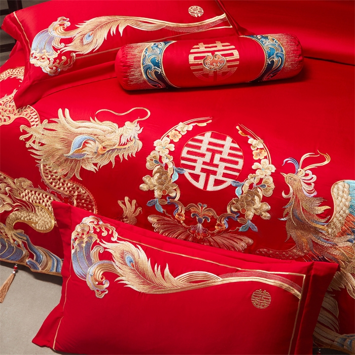 91家纺网 家纺一手货源 找家纺 红番天家居馆 （控价）2025新款纯棉新中式刺绣婚庆四件套（每款供货价的基础上一切活动券后+100） 凤仪龙章-金